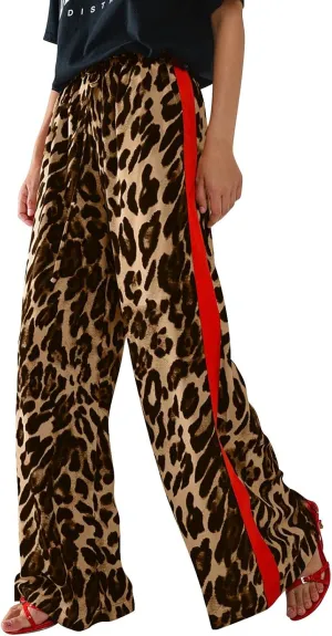 Women's Casual Leopard Pants Drawstring Print Color Block Side Striped Straight Leg Wide Leg Loose Pants