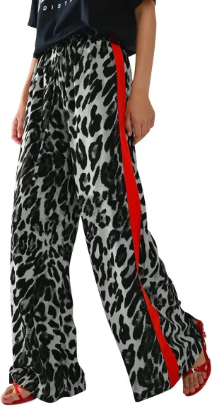 Women's Casual Leopard Pants Drawstring Print Color Block Side Striped Straight Leg Wide Leg Loose Pants