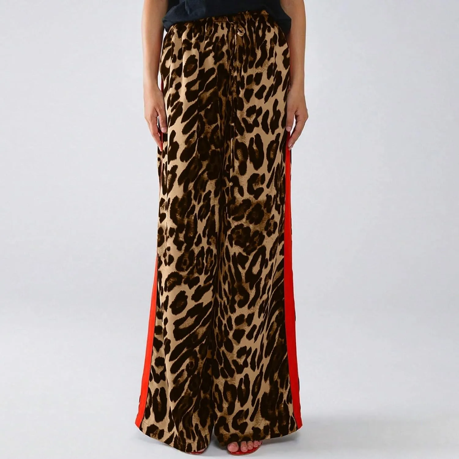 Women's Casual Leopard Pants Drawstring Print Color Block Side Striped Straight Leg Wide Leg Loose Pants