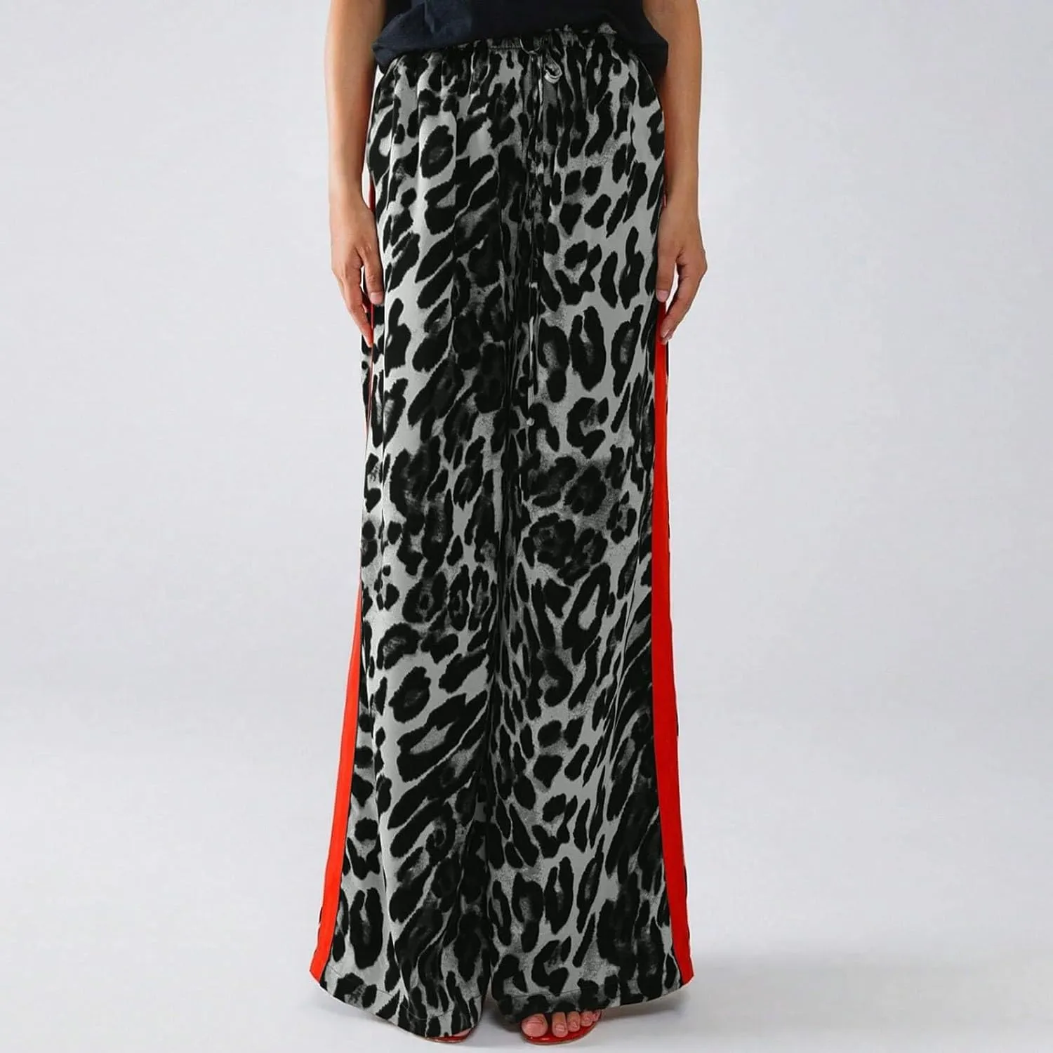Women's Casual Leopard Pants Drawstring Print Color Block Side Striped Straight Leg Wide Leg Loose Pants