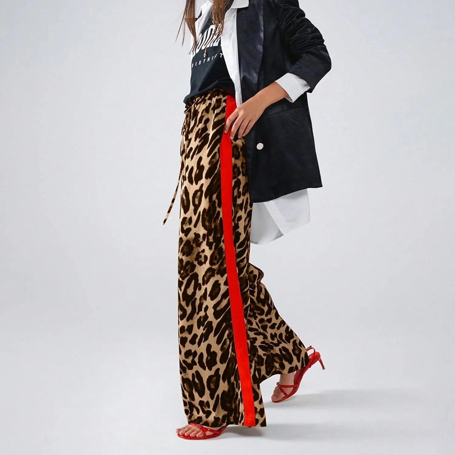 Women's Casual Leopard Pants Drawstring Print Color Block Side Striped Straight Leg Wide Leg Loose Pants