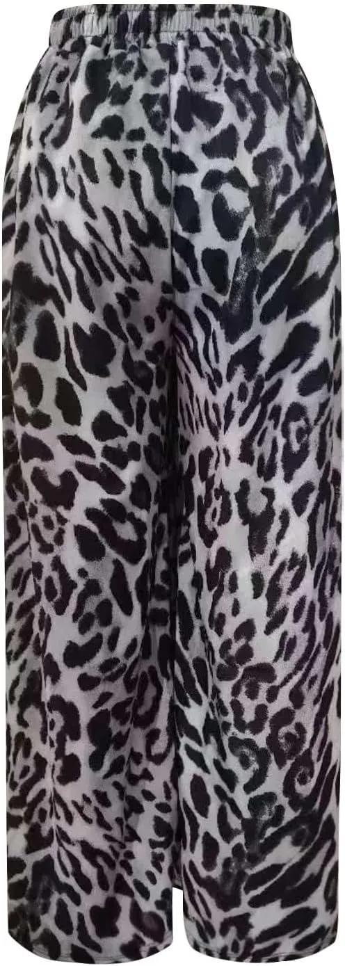 Women's Casual Leopard Pants Drawstring Print Color Block Side Striped Straight Leg Wide Leg Loose Pants