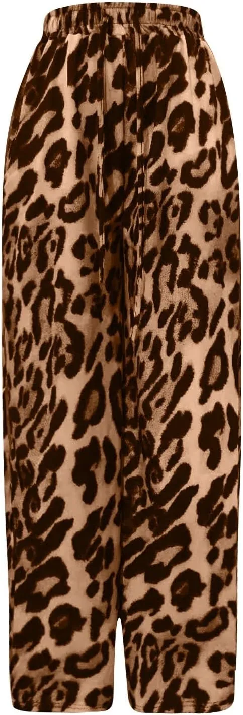 Women's Casual Leopard Pants Drawstring Print Color Block Side Striped Straight Leg Wide Leg Loose Pants
