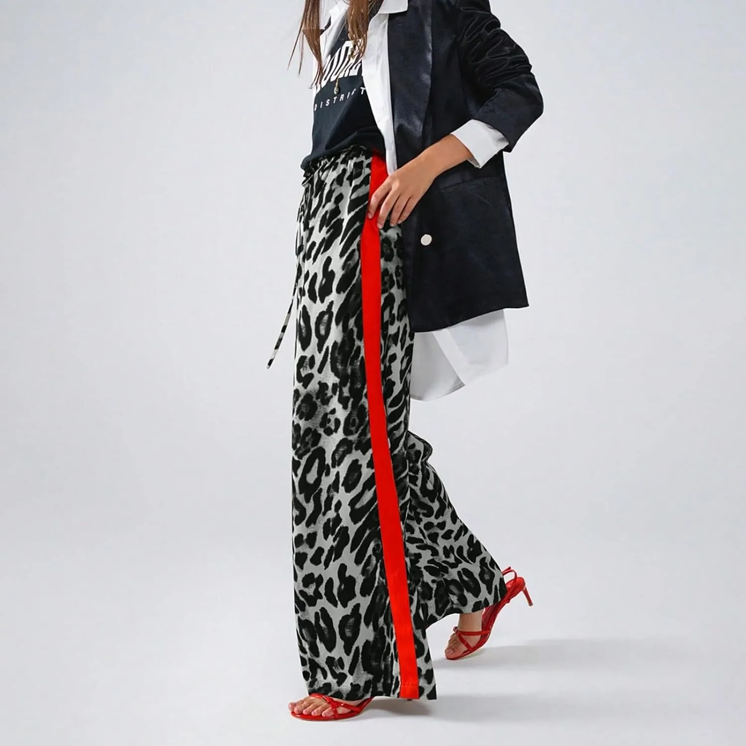 Women's Casual Leopard Pants Drawstring Print Color Block Side Striped Straight Leg Wide Leg Loose Pants
