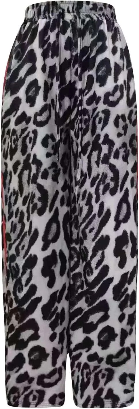 Women's Casual Leopard Pants Drawstring Print Color Block Side Striped Straight Leg Wide Leg Loose Pants