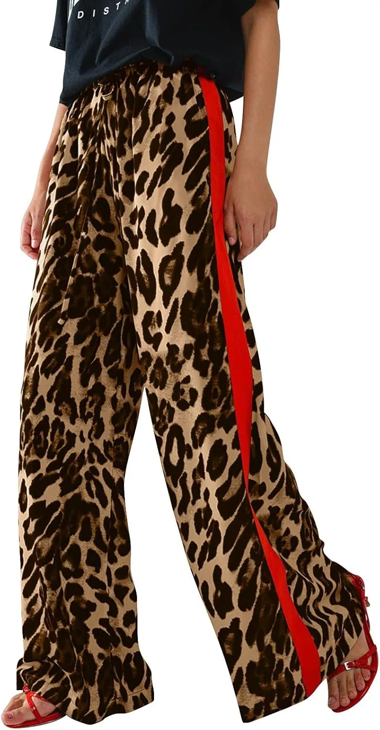 Women's Casual Leopard Pants Drawstring Print Color Block Side Striped Straight Leg Wide Leg Loose Pants
