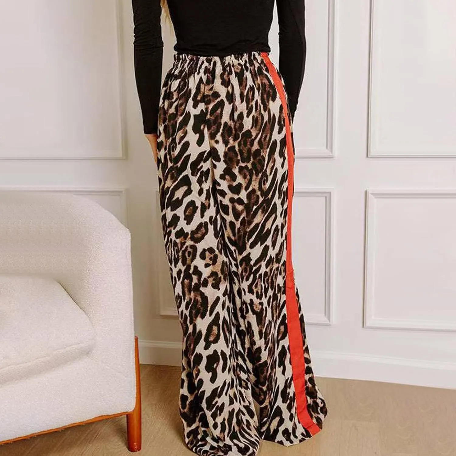 Women's Casual Leopard Pants Drawstring Print Color Block Side Striped Straight Leg Wide Leg Loose Pants