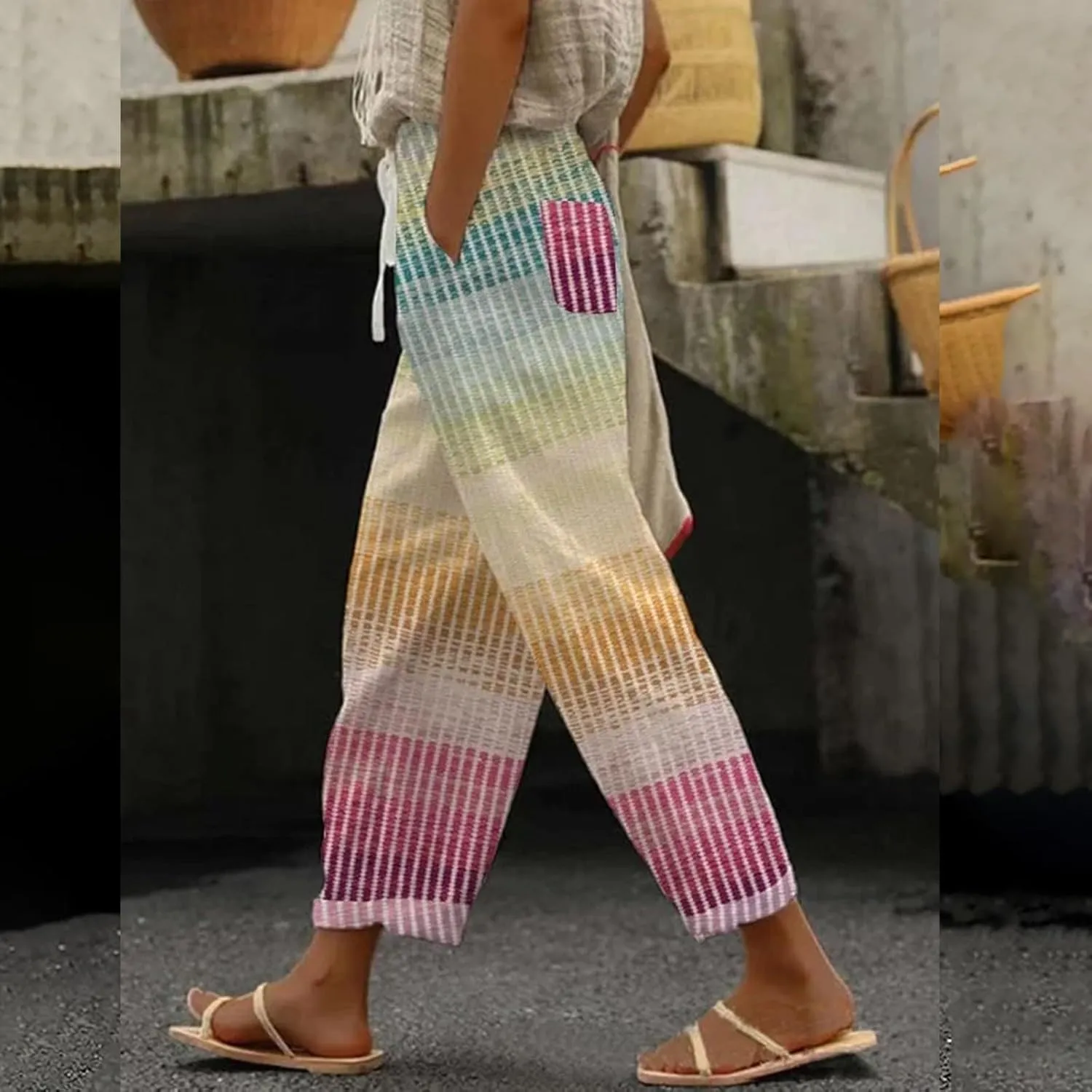 Womens Casual Lightweight Casual Drawstring Pants Beach Travel Vacation Outfits Linen Beach Pants Linen Lounge