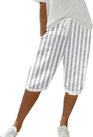 Womens Casual Linen High Waist Pants Vintage Floral Print Casual Plus Size Trendy Striped Spring Summer Gauze Pants