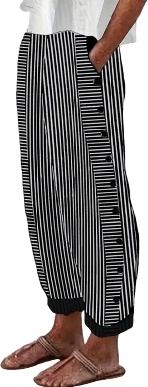 Womens Casual Loose Fit Striped Pants Wide-Leg Style with Side Buttons and Pockets 2025 Fashion