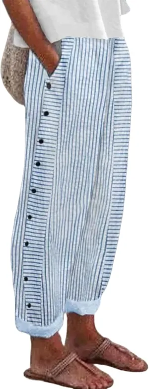 Womens Casual Loose Fit Striped Pants Wide-Leg Style with Side Buttons and Pockets 2025 Fashion