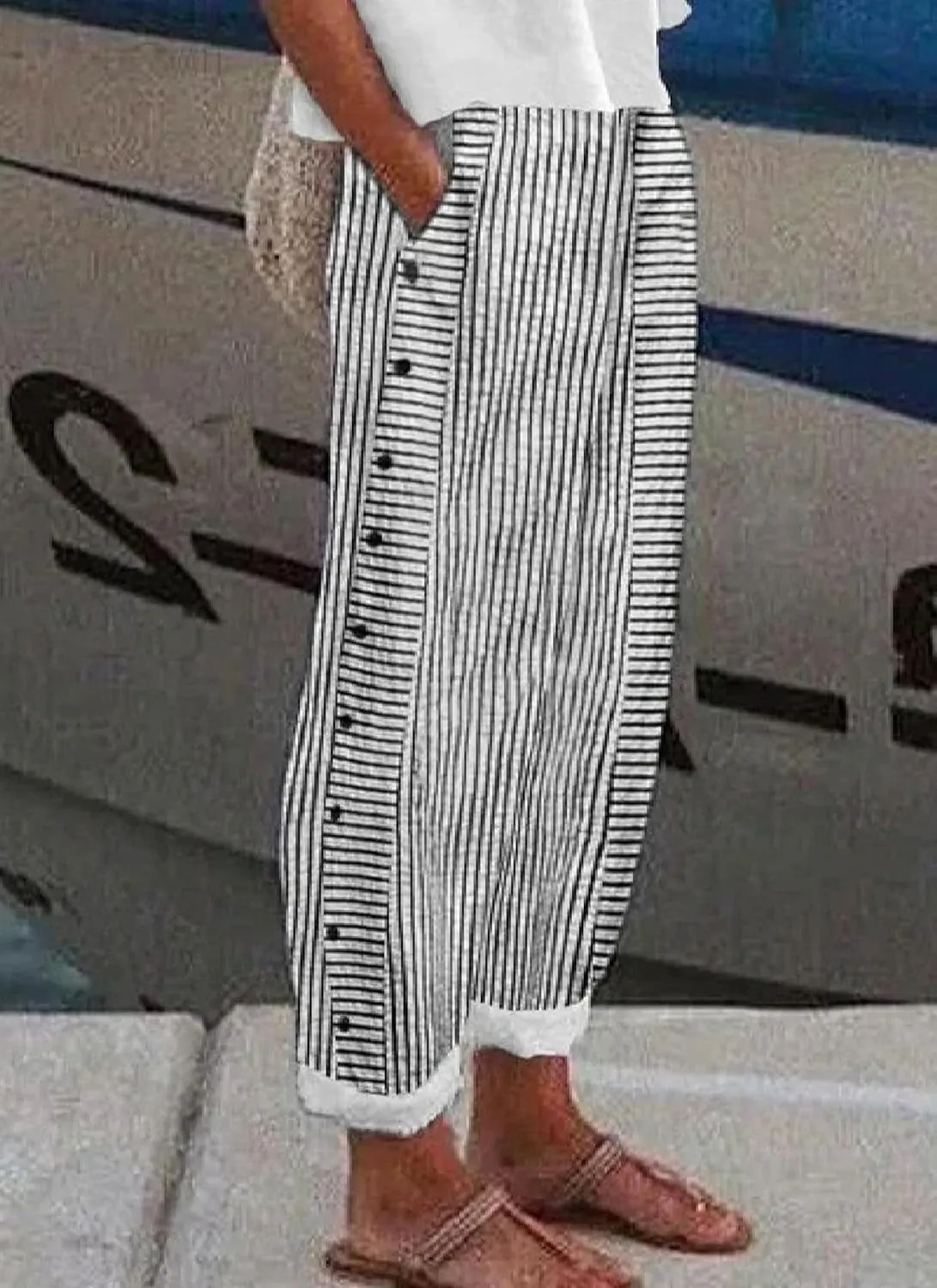 Womens Casual Loose Fit Striped Pants Wide-Leg Style with Side Buttons and Pockets 2025 Fashion
