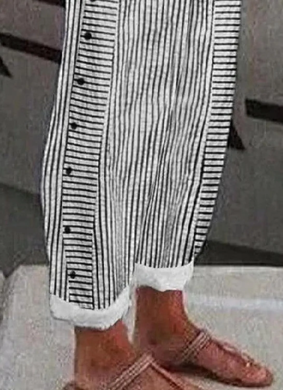Womens Casual Loose Fit Striped Pants Wide-Leg Style with Side Buttons and Pockets 2025 Fashion