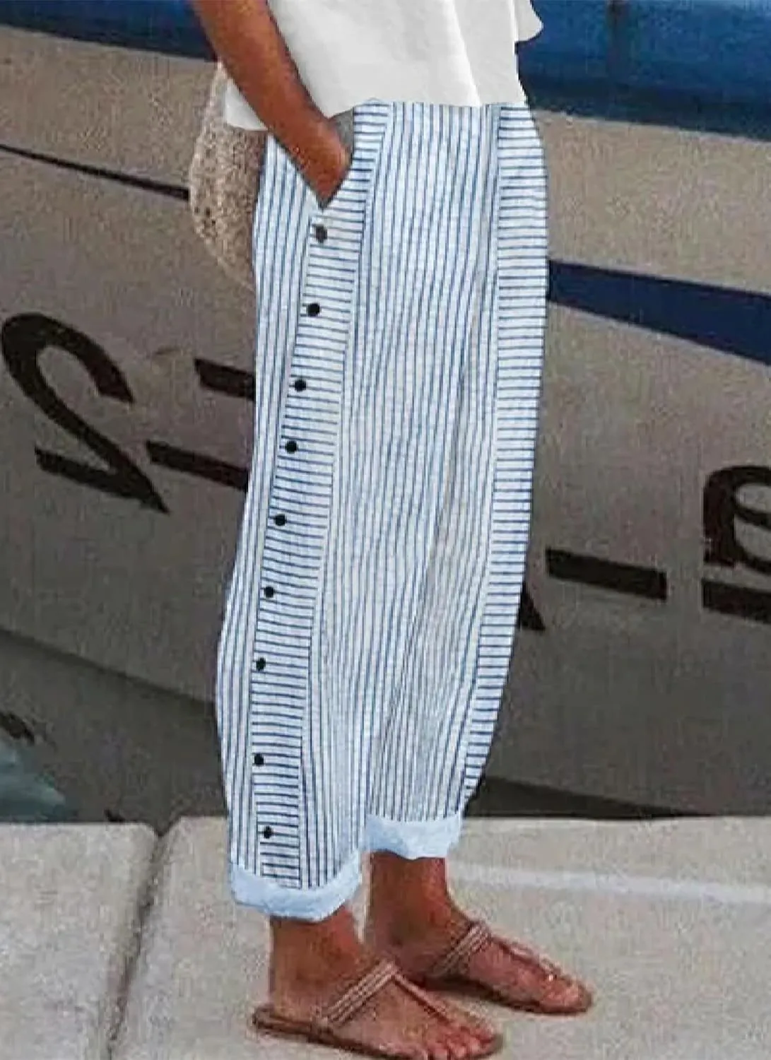 Womens Casual Loose Fit Striped Pants Wide-Leg Style with Side Buttons and Pockets 2025 Fashion