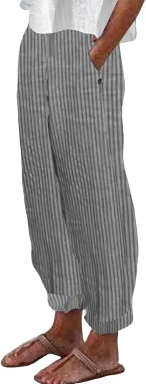 Womens Casual Loose Fit Striped Pants Wide-Leg Style with Side Buttons and Pockets 2025 Fashion