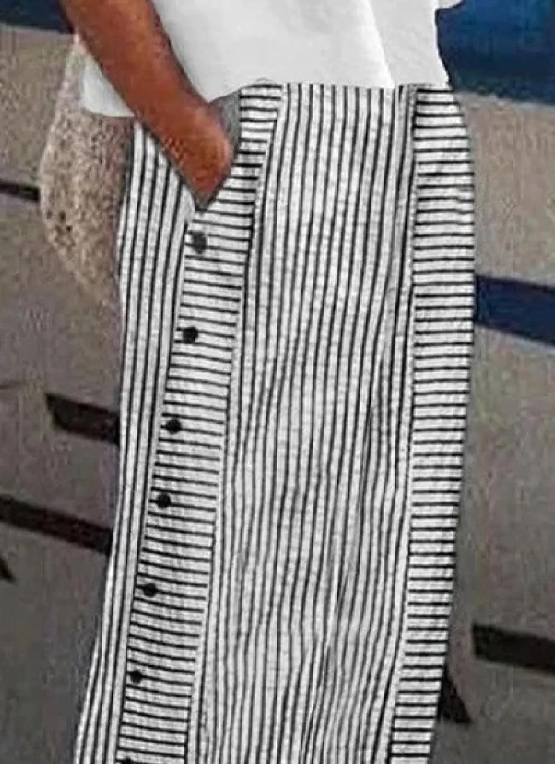 Womens Casual Loose Fit Striped Pants Wide-Leg Style with Side Buttons and Pockets 2025 Fashion