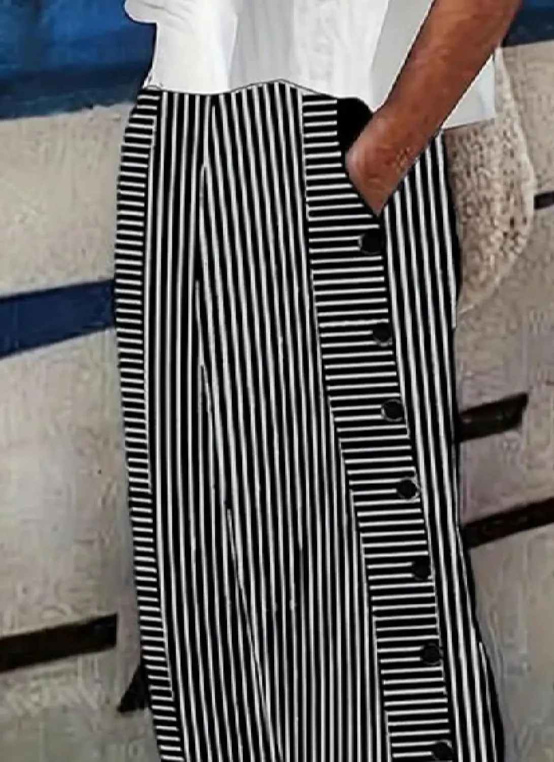 Womens Casual Loose Fit Striped Pants Wide-Leg Style with Side Buttons and Pockets 2025 Fashion
