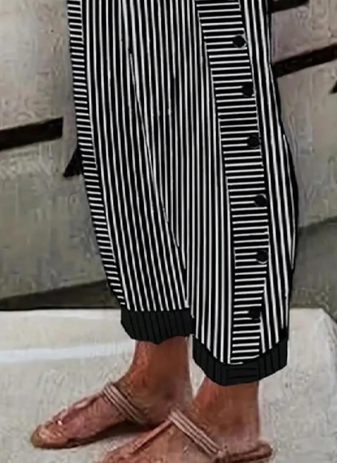 Womens Casual Loose Fit Striped Pants Wide-Leg Style with Side Buttons and Pockets 2025 Fashion