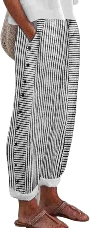 Womens Casual Loose Fit Striped Pants Wide-Leg Style with Side Buttons and Pockets 2025 Fashion