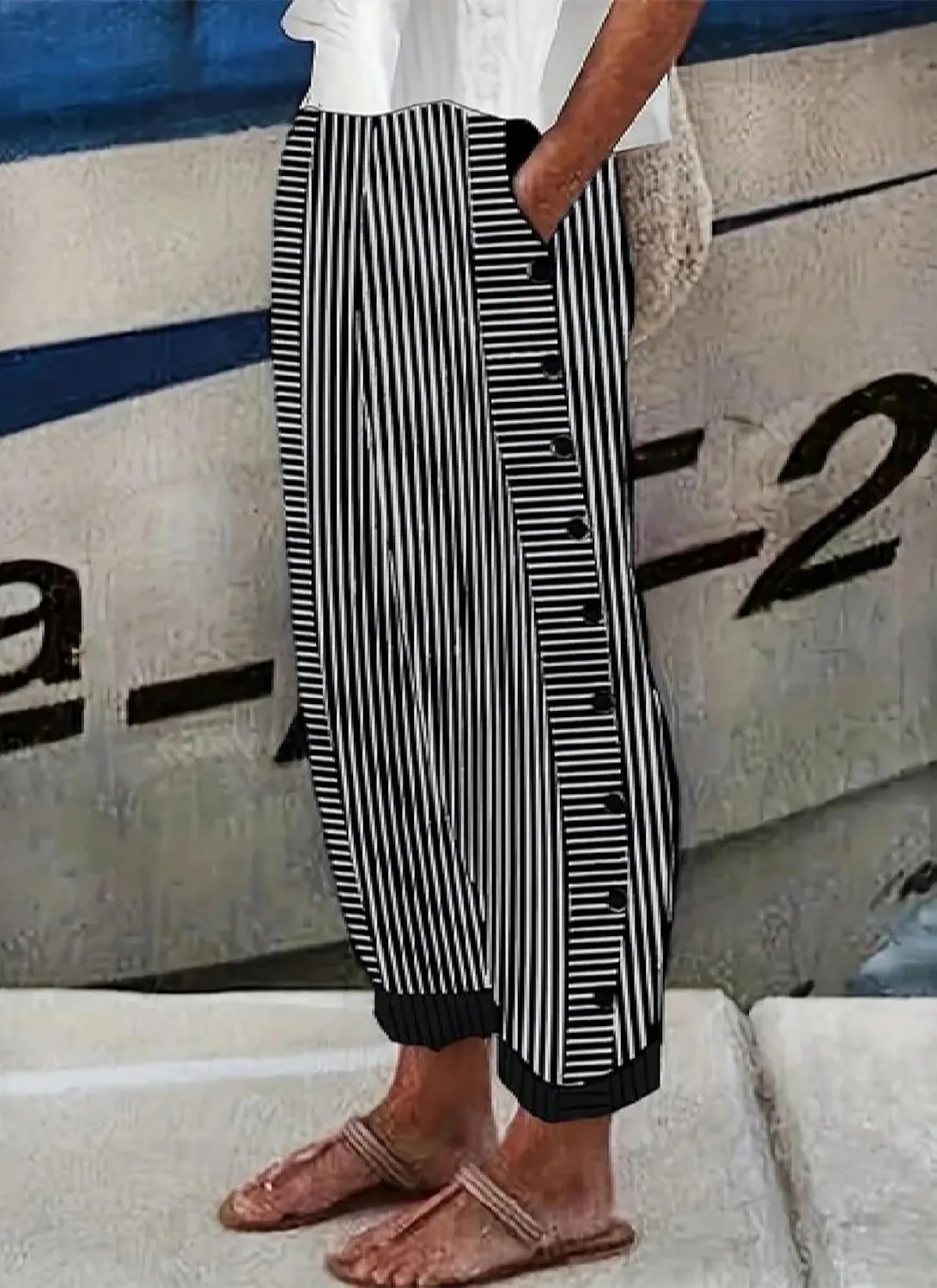 Womens Casual Loose Fit Striped Pants Wide-Leg Style with Side Buttons and Pockets 2025 Fashion