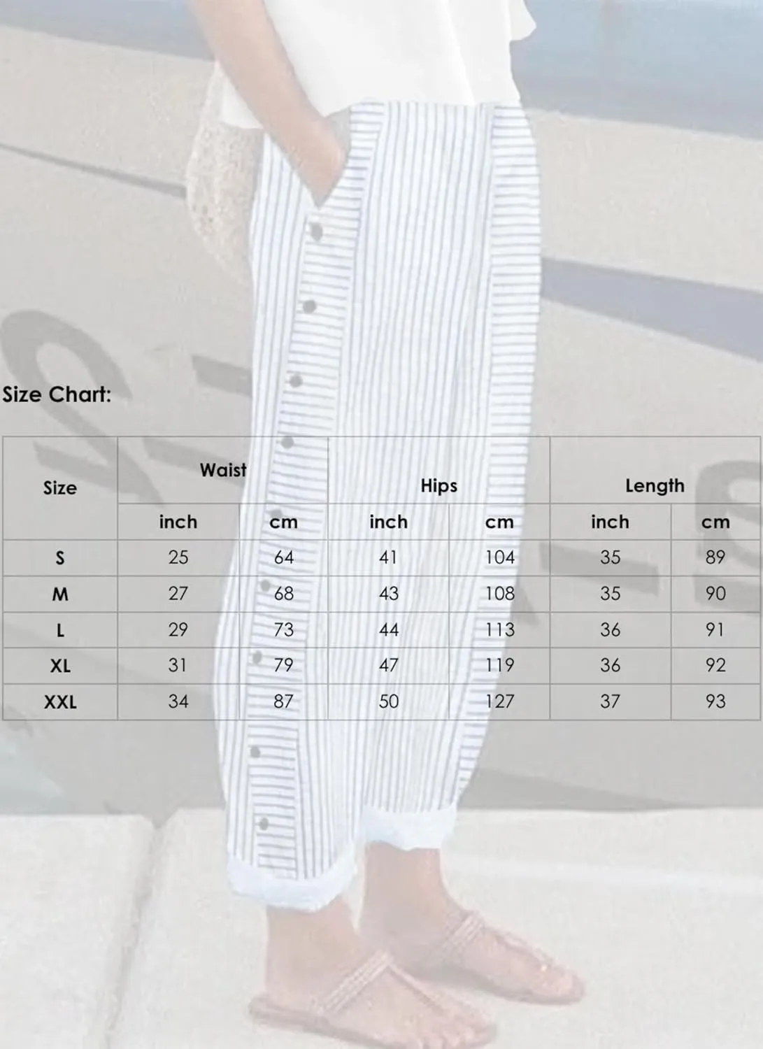 Women's Casual Loose Fit Striped Pants Wide-Leg Style with Side Buttons and Pockets