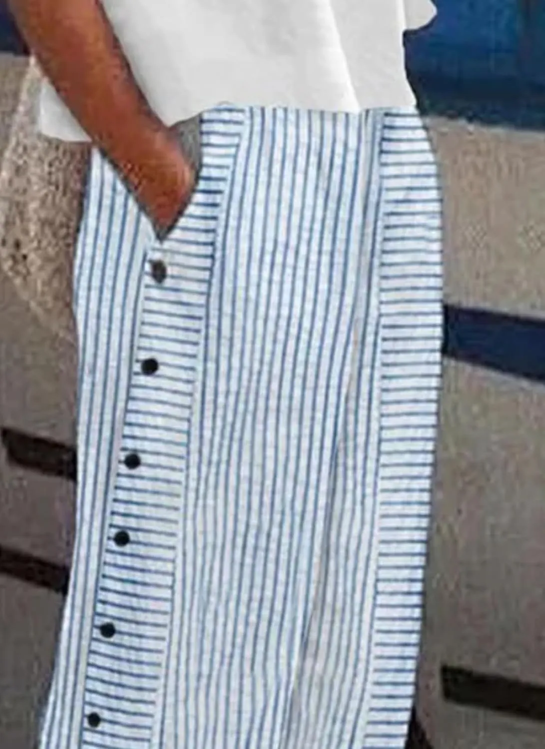Women's Casual Loose Fit Striped Pants Wide-Leg Style with Side Buttons and Pockets