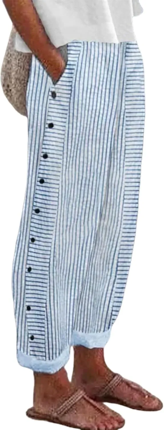 Women's Casual Loose Fit Striped Pants Wide-Leg Style with Side Buttons and Pockets