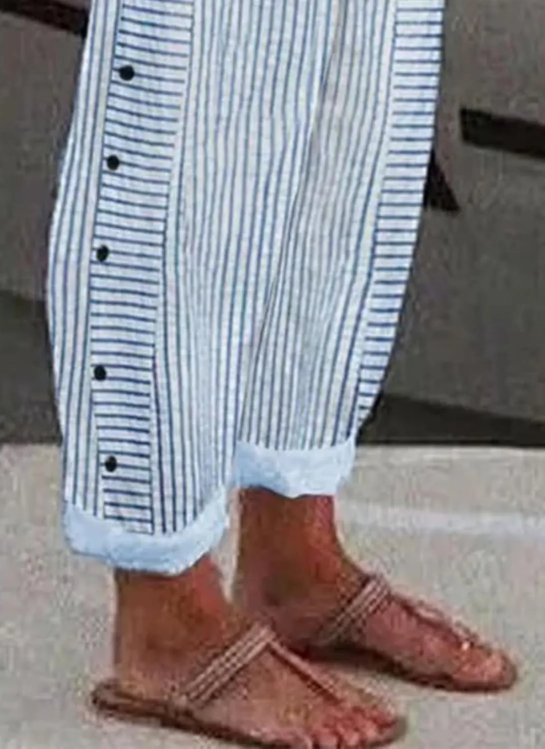 Women's Casual Loose Fit Striped Pants Wide-Leg Style with Side Buttons and Pockets
