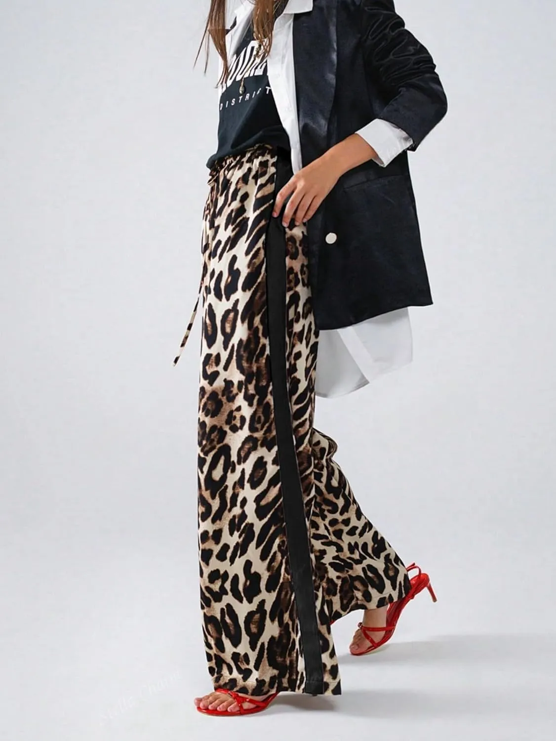 Women's Casual Pants Drawstring Leopard Print Color Block Side Striped Straight Leg Wide Leg Loose Pants