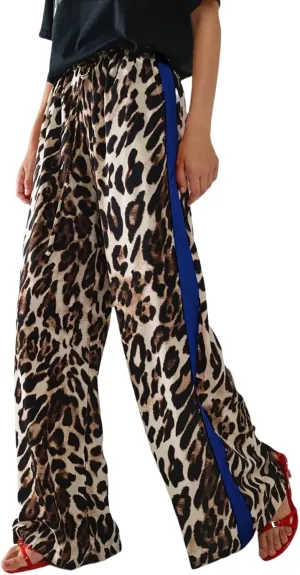 Women's Casual Pants Drawstring Leopard Print Color Block Side Striped Straight Leg Wide Leg Loose Pants