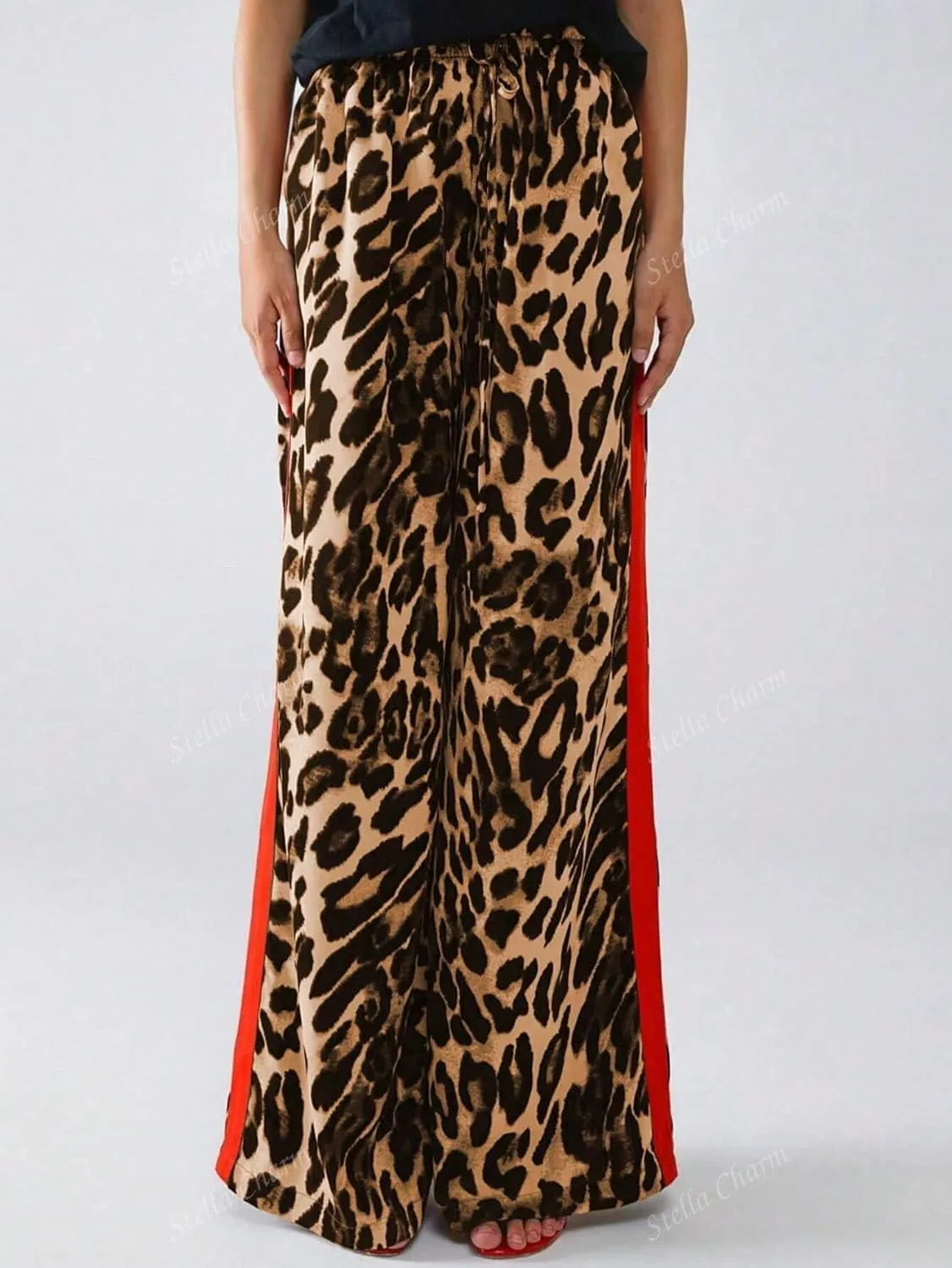 Women's Casual Pants Drawstring Leopard Print Color Block Side Striped Straight Leg Wide Leg Loose Pants