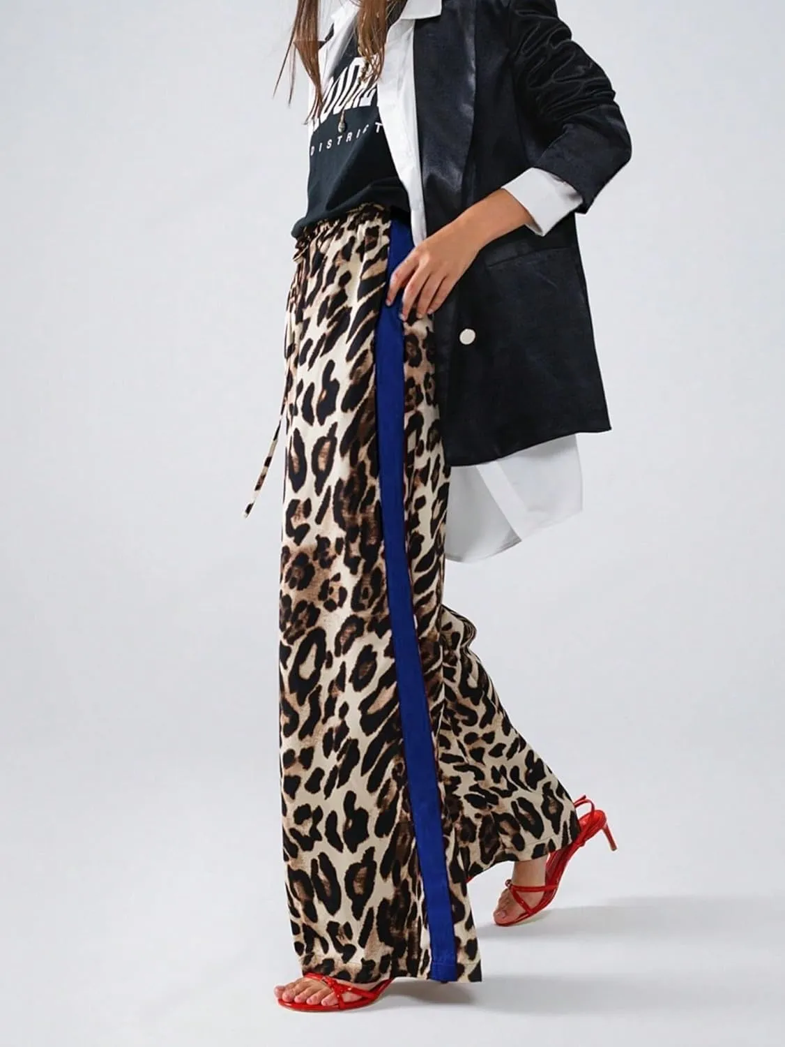 Women's Casual Pants Drawstring Leopard Print Color Block Side Striped Straight Leg Wide Leg Loose Pants