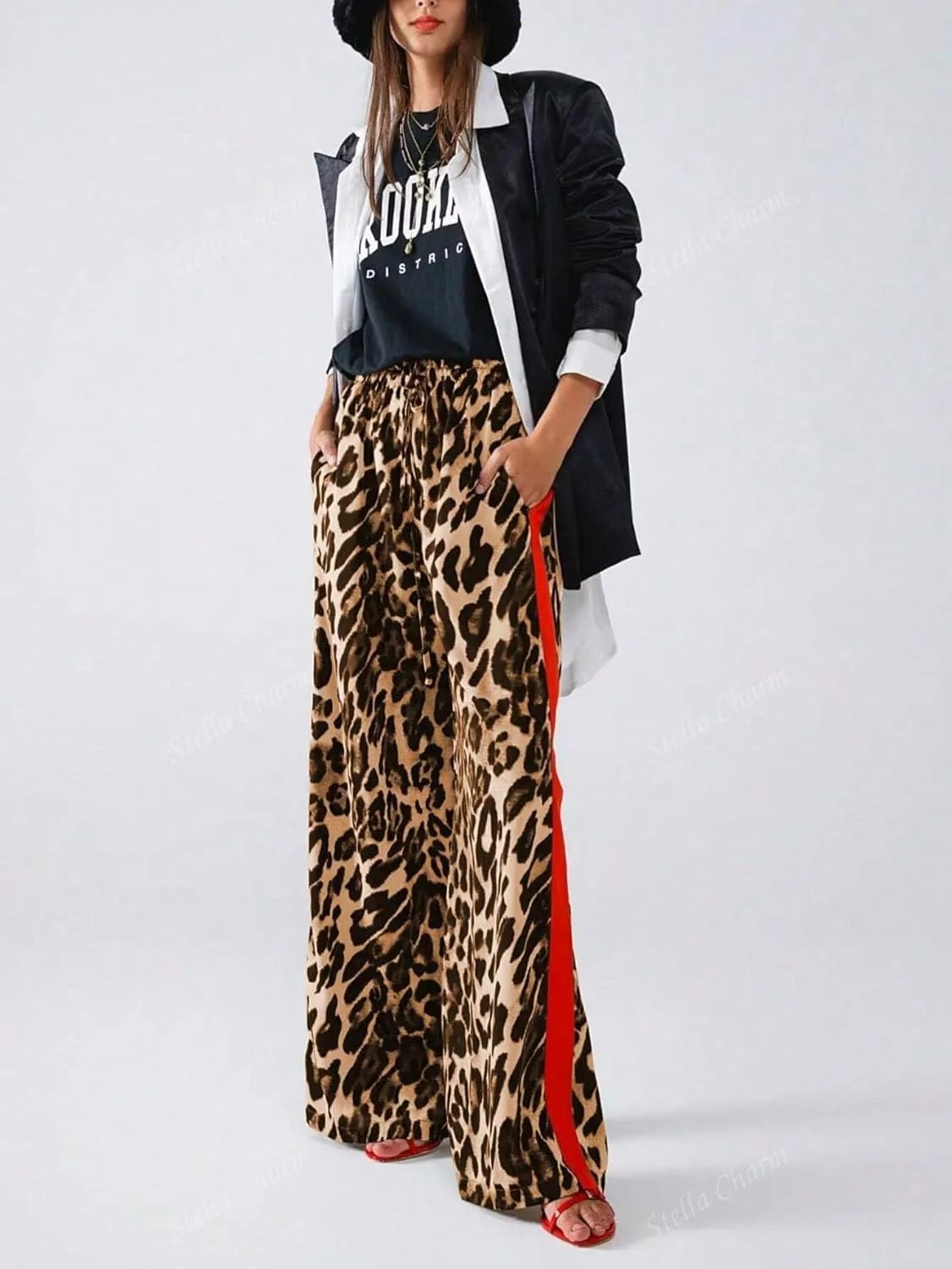 Women's Casual Pants Drawstring Leopard Print Color Block Side Striped Straight Leg Wide Leg Loose Pants