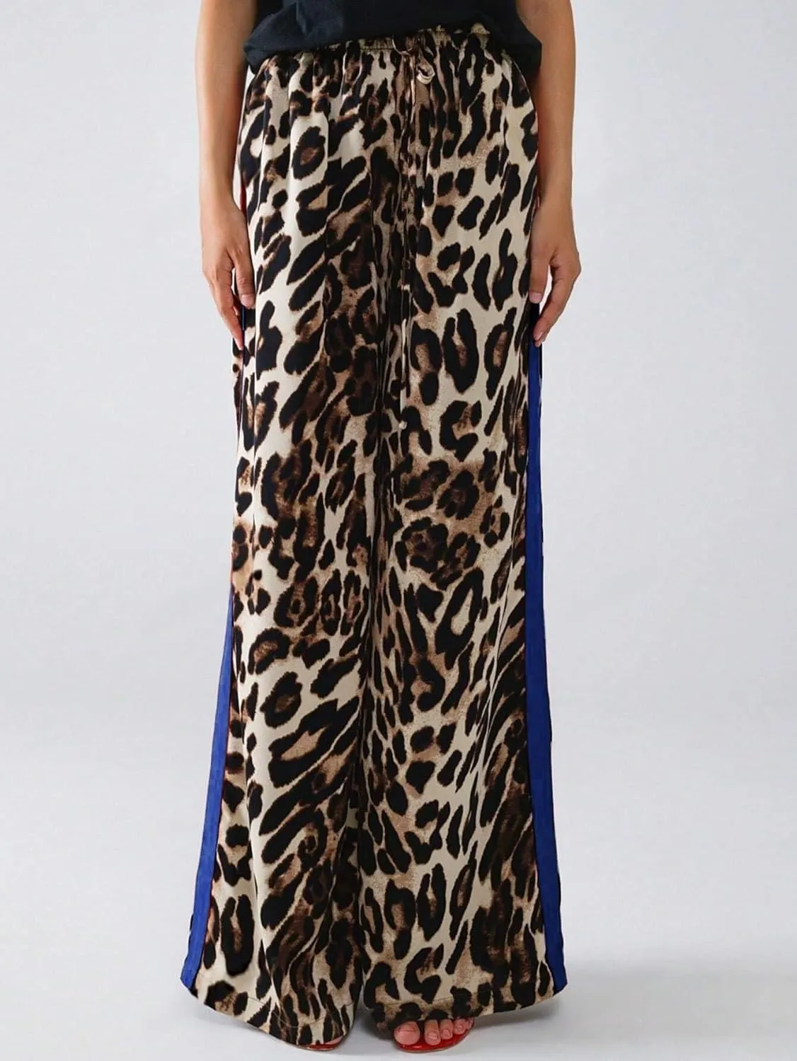 Women's Casual Pants Drawstring Leopard Print Color Block Side Striped Straight Leg Wide Leg Loose Pants