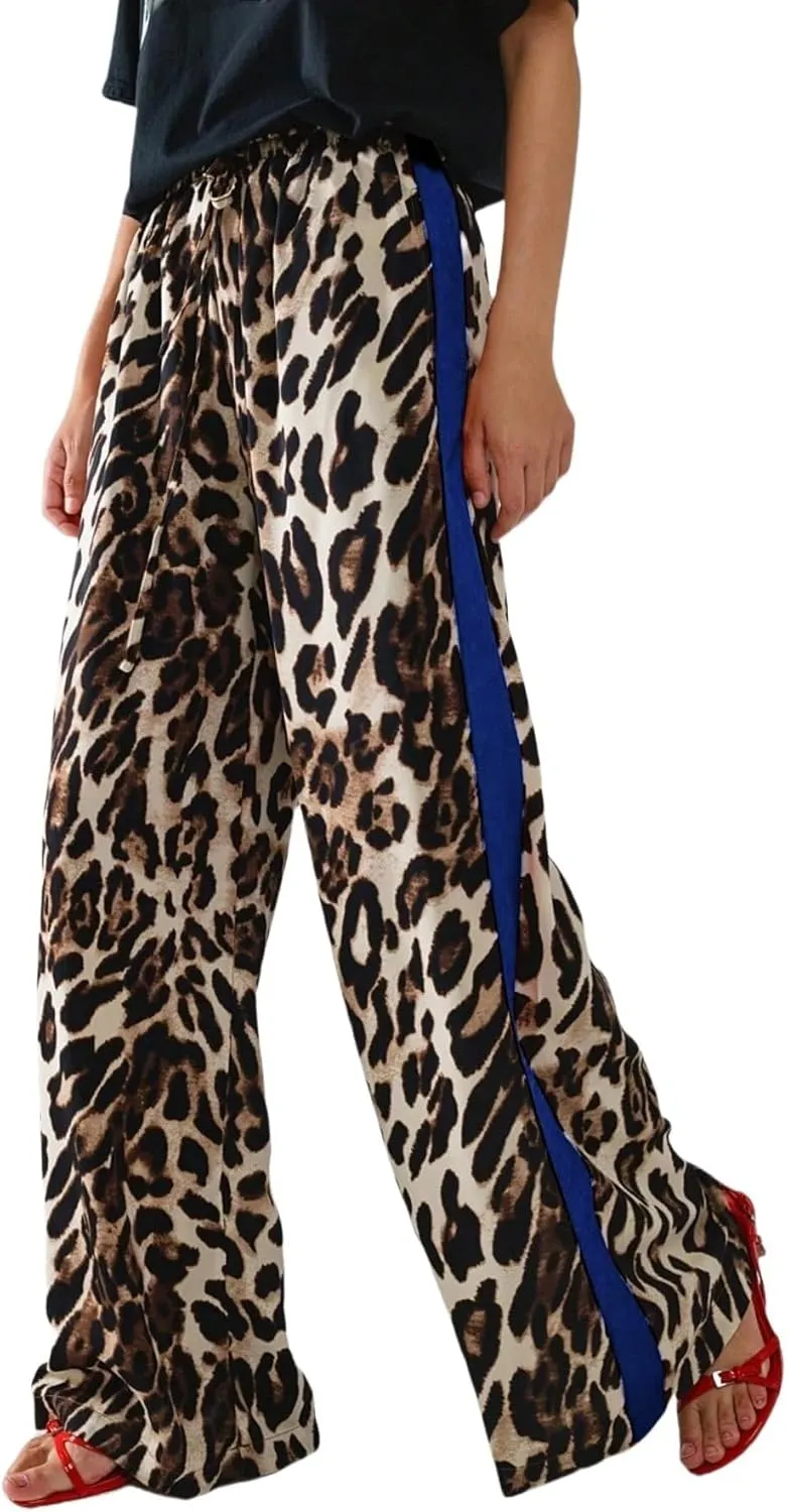 Women's Casual Pants Drawstring Leopard Print Color Block Side Striped Straight Leg Wide Leg Loose Pants