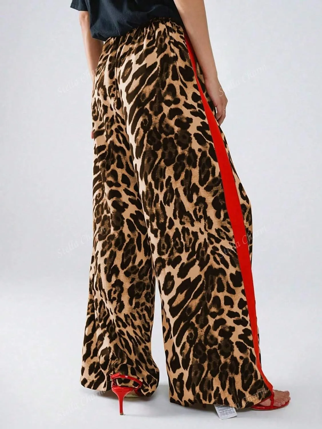 Women's Casual Pants Drawstring Leopard Print Color Block Side Striped Straight Leg Wide Leg Loose Pants