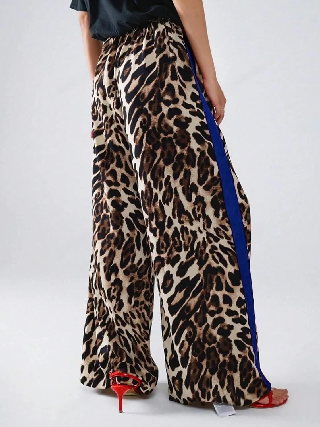 Women's Casual Pants Drawstring Leopard Print Color Block Side Striped Straight Leg Wide Leg Loose Pants