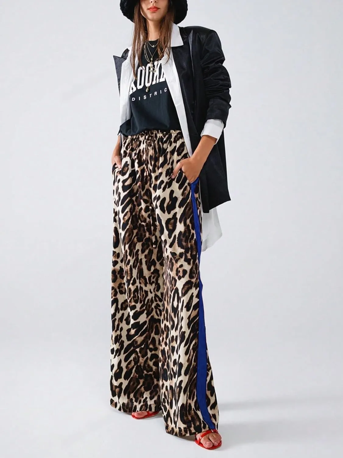Women's Casual Pants Drawstring Leopard Print Color Block Side Striped Straight Leg Wide Leg Loose Pants