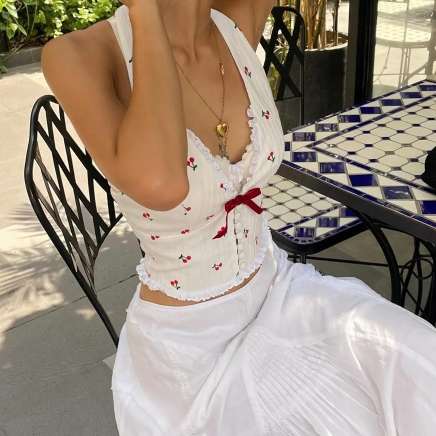 Women's Cherry Print Halter Camis Tank Tops Summer Y2K Cute V-Neck Bow Lace Sleeveless Top
