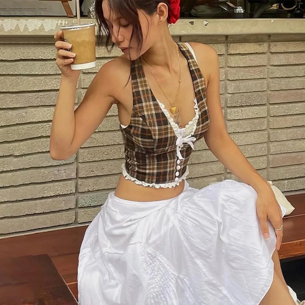 Women's Cherry Print Halter Camis Tank Tops Summer Y2K Cute V-Neck Bow Lace Sleeveless Top