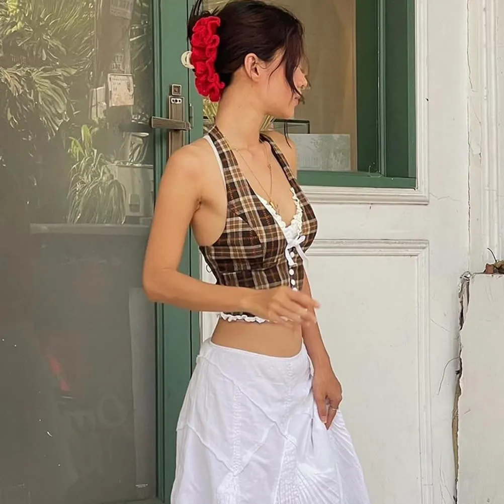Women's Cherry Print Halter Camis Tank Tops Summer Y2K Cute V-Neck Bow Lace Sleeveless Top