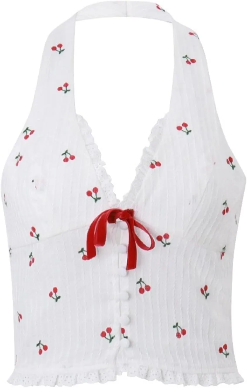 Women's Cherry Print Halter Camis Tank Tops Summer Y2K Cute V-Neck Bow Lace Sleeveless Top