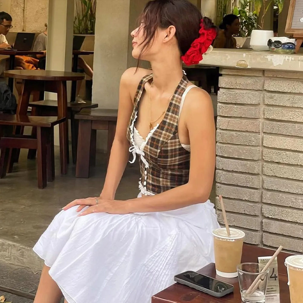 Women's Cherry Print Halter Camis Tank Tops Summer Y2K Cute V-Neck Bow Lace Sleeveless Top