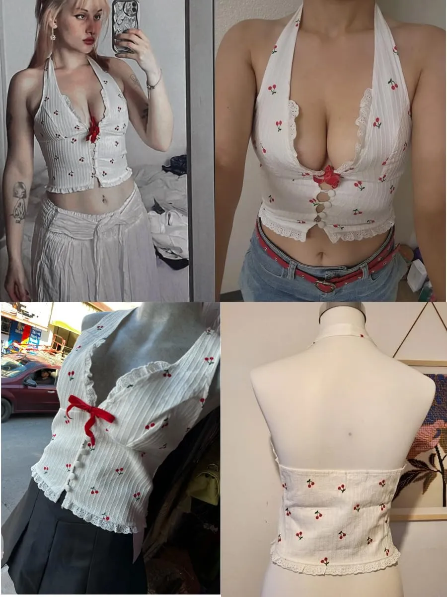 Women's Cherry Print Halter Camis Tank Tops Summer Y2K Cute V-Neck Bow Lace Sleeveless Top