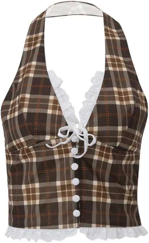 Women's Cherry Print Halter Camis Tank Tops Summer Y2K Cute V-Neck Bow Lace Sleeveless Top