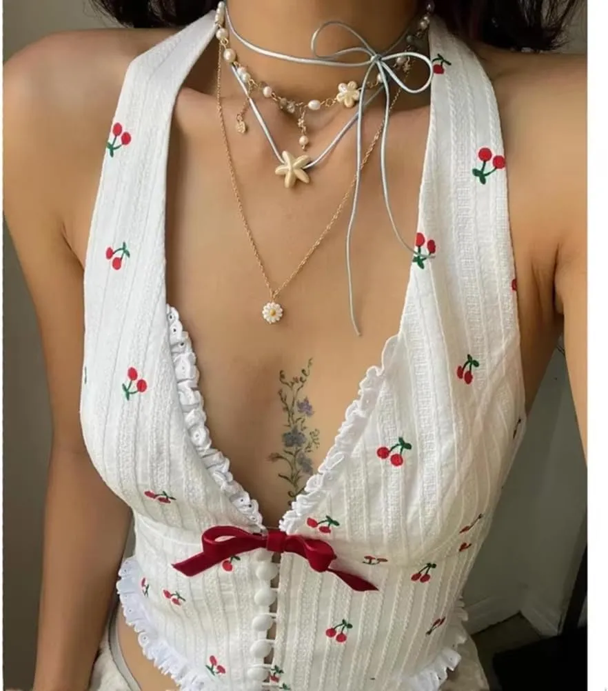 Women's Cherry Print Halter Camis Tank Tops Summer Y2K Cute V-Neck Bow Lace Sleeveless Top