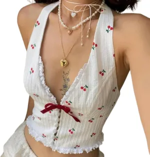 Women's Cherry Print Halter Camis Tank Tops Summer Y2K Cute V-Neck Bow Lace Sleeveless Top