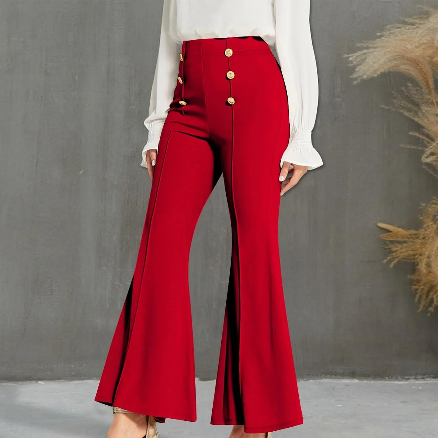 Womens Classy High Waist Double Breasted Flared Sailor Trousers Pants with Hide Zipper Tummy Button Wide Leg Pant