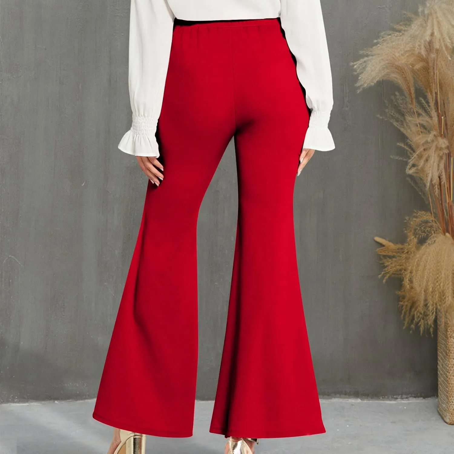 Womens Classy High Waist Double Breasted Flared Sailor Trousers Pants with Hide Zipper Tummy Button Wide Leg Pant
