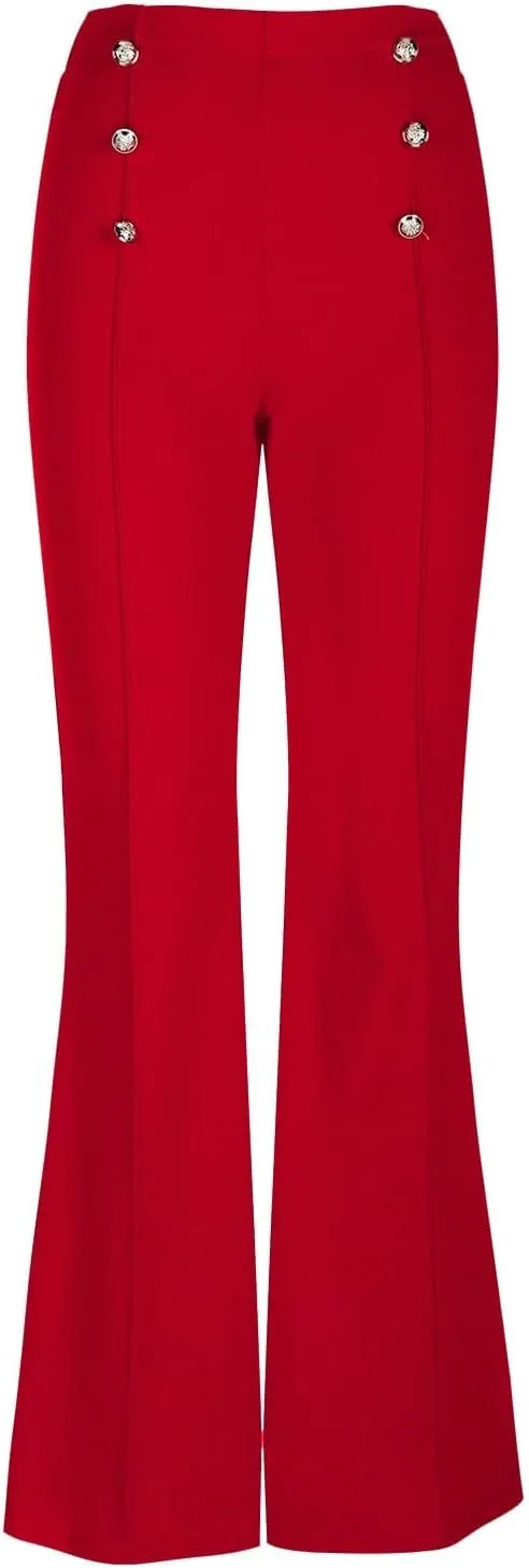 Womens Classy High Waist Double Breasted Flared Sailor Trousers Pants with Hide Zipper Tummy Button Wide Leg Pant